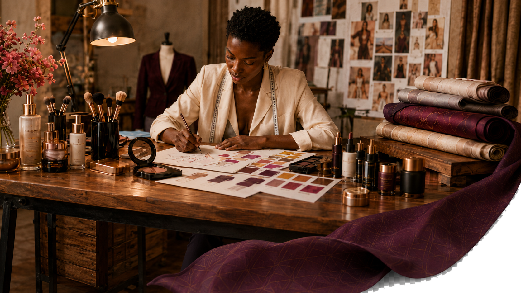 A woman in a cream blazer sketching at a studio table set with beauty products, brushes and fabric