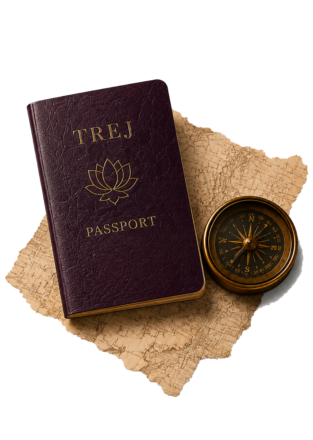 A deep aubergine TREJ passport resting on a vintage map beside a brass compass and a stamped card