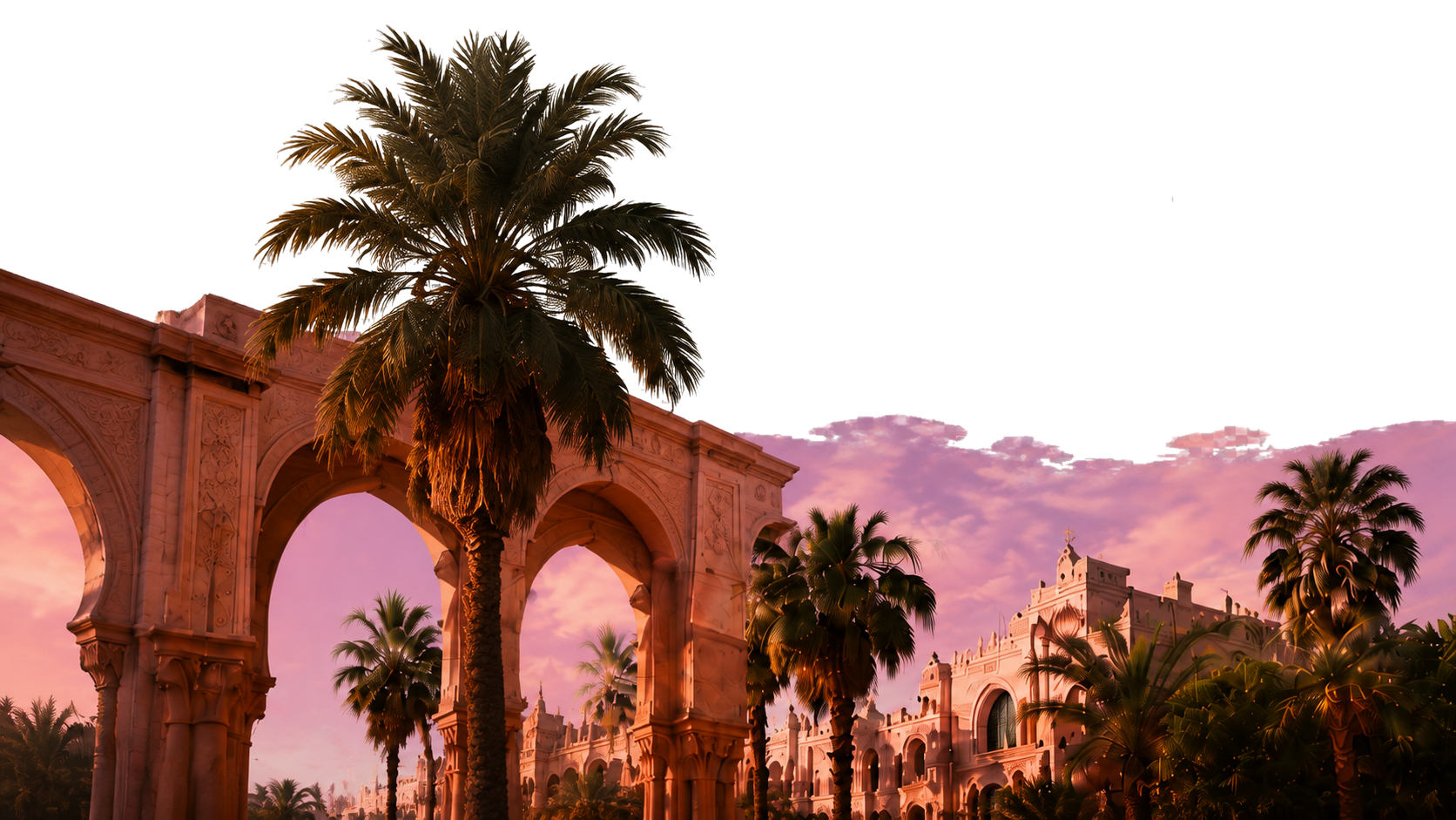 Pink and terracotta arches framed by palm trees at dusk