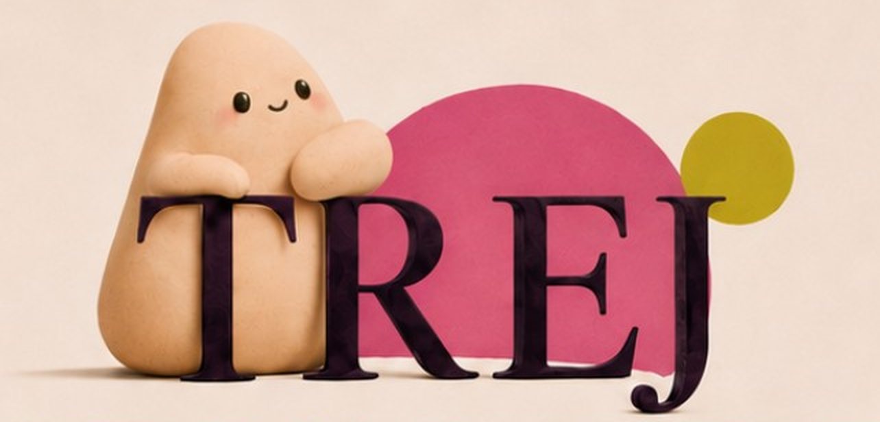 TREJure, the sculptural TREJ character, leaning over the TREJ wordmark